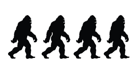 Fototapeta premium Vector art of four bigfoot silhouettes walking isolated on white background in the forest