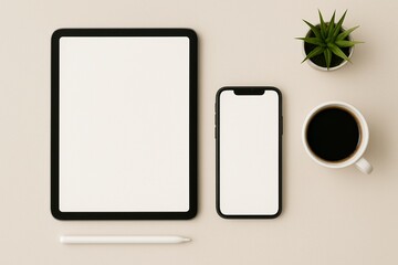 Blank tablet and smartphone mockup on clean white background.