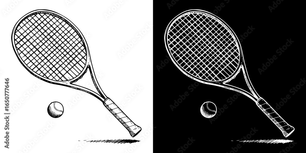 Poster isolated vector image of tennis racket and ball, two design options on transparent and black backgro