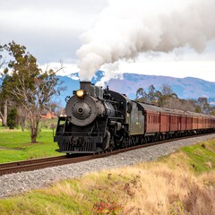 Obraz premium Vintage steam locomotive pulling passenger cars through a pastoral landscape