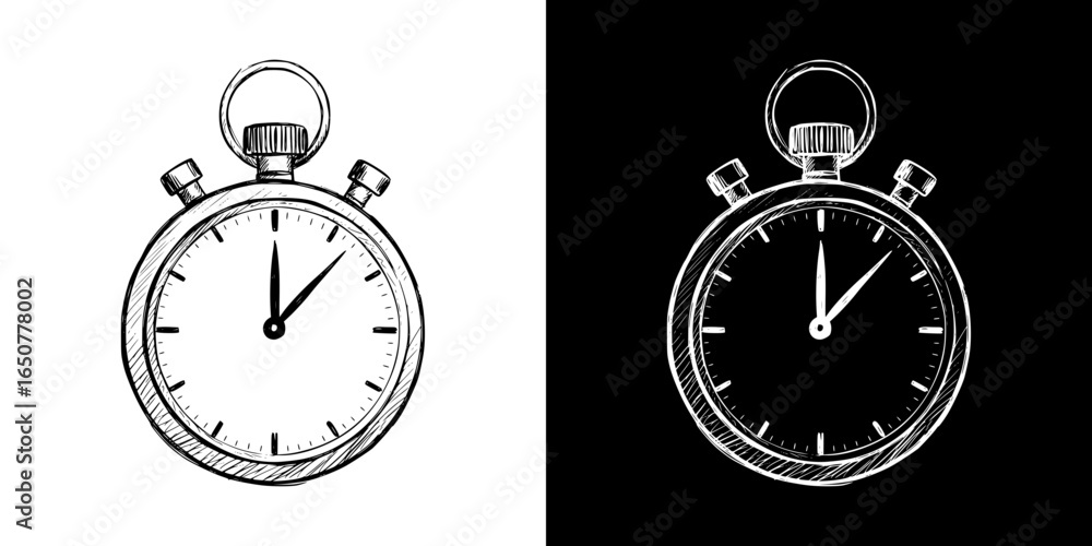 Poster stopwatch illustration, isolated vector image, two design options on transparent and black backgroun
