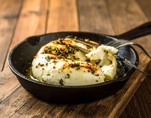 Delicious Baked Feta Cheese with Herbs in Cast Iron Skillet.