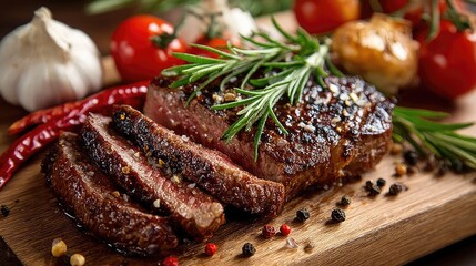 Sliced steak with herbs and vegetables on a wooden board