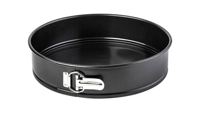 Round baking pan with removable bottom sitting on white background