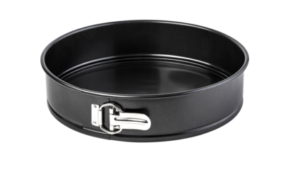 Round baking pan with removable bottom sitting on white background