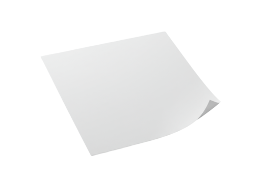 Pristine blank white standard paper with a subtly curled corner, resting on a pure seamless brilliant white high-key background with shallow depth of field, concept of new beginnings and innovation