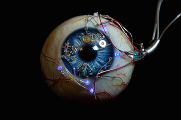 Cybernetic eye with intricate circuitry and glowing elements showcases advancements in technology and design in futuristic aesthetics Generative AI