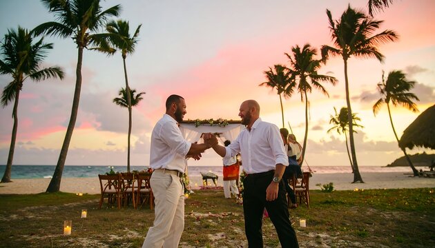 Two men shaking hands on a tropical beach at sunset.