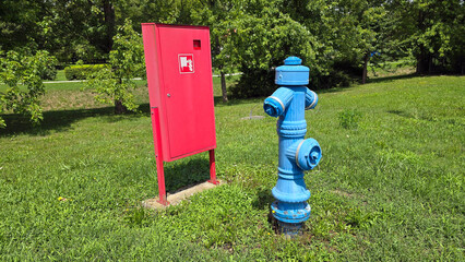 Vivid blue hydrant stands next to red fire hose cabinet amidst green grass and leafy trees in an...