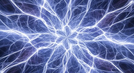 Abstract fractal lightning design with blue and white electric arcs radiating outwards symmetrically