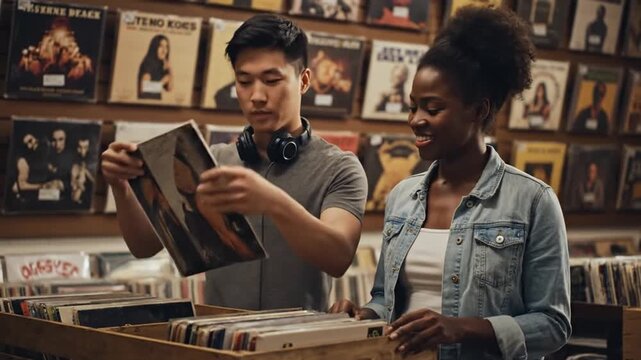 Young Asian Man Diligently Searches Through Vinyl Records as a Smiling African American Woman Looks on in a Vintage Record Store Filled with Album Covers Creating a Nostalgic Atmosphere Perfect for