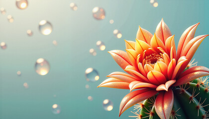 Blooming cactus flower with transparent water bubbles on soft teal background, with space for text