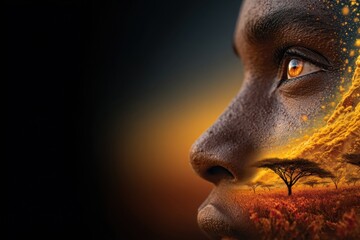 African Savanna Landscape Encapsulated Within a Human Face A Fusion of Culture and Nature