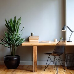 Simple modern office with wooden desk and calming plant presence