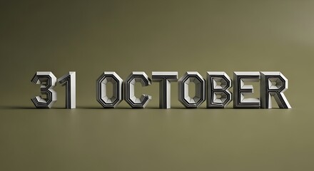 3d render of the date october thirty first displayed with geometric white and silver letters on a green background