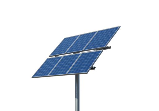 Advanced deep sapphire blue solar panel, intricate crystalline grids on grey pole, angled upwards against transparent studio background, concept of clean energy innovation