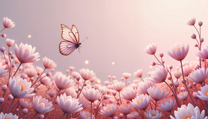 Pink butterfly flying over a dreamy flower field, with space for text