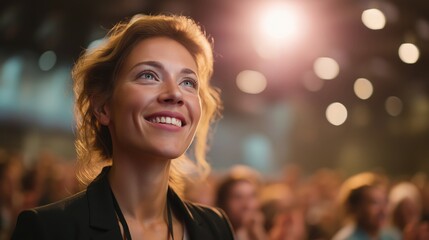 Fototapeta premium イベント会場で笑顔で上を見上げる女性 | Woman smiling and looking up at an event venue