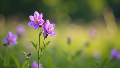 Delicate Purple Columbine Flowers in a Wild Meadow, flowers, flower field