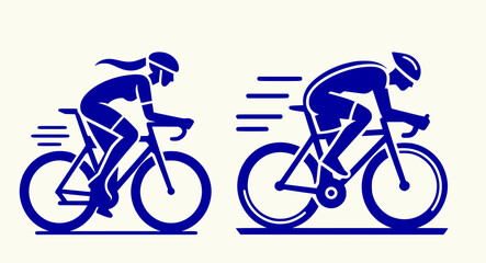 Simple black and white icon of male cyclist and female cyclist in motion, two separate silhouette illustrations isolated on transparent background
