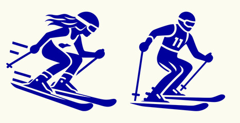Simple black and white icon of male skier and female skier in motion, two separate silhouette illustrations isolated on transparent background
