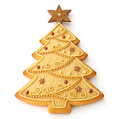 Realistic 3D butter cookie in Christmas tree shape with embossed festive ornaments and star detail, golden baked crispy texture, isolated on white