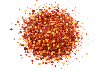 Dynamic overhead shot of vibrant deep red dried crushed chili peppers, meticulously scattered with seeds on a transparent surface, soft studio lighting, high-key aesthetic, culinary zest concept