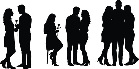 Silhouette of romantic couples and friends, holding rose, love, dating, togetherness, relationship, affection, standing, casual, happiness, emotional connection