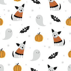 Happy Halloween vector seamless pattern. Cute dog, pumpkin, bat, ghost on a white background. Halloween dog illustration in flat style.