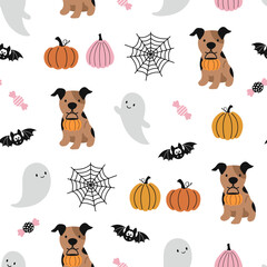 Happy Halloween vector seamless pattern. Cute dog, pumpkin, bat, candies, ghost on a white background. Halloween dog illustration in flat style.