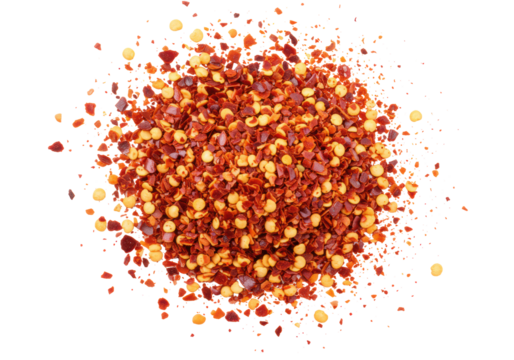 Dynamic overhead shot of vibrant deep red dried crushed chili peppers, meticulously scattered with seeds on a transparent surface, soft studio lighting, high-key aesthetic, culinary zest concept