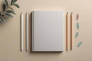 Closed blank book mockup lying flat on a pastel beige surface, next to minimalist stationery items like pencils and paper clips