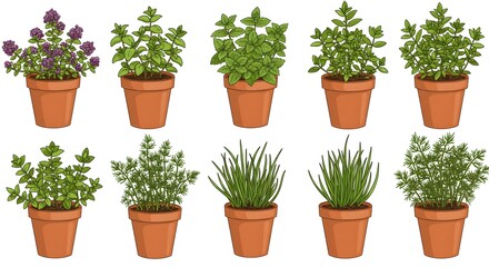 Fototapeta premium Collection of illustrated culinary herbs in terracotta pots, including thyme, mint, oregano, and chives.