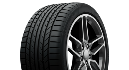 Pristine black car tire with detailed high-performance tread on sleek silver alloy wheel, studio lighting on transparent background, modern automotive excellence