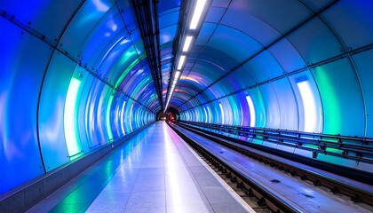 Obraz premium Vibrant, illuminated subway tunnel; smooth walls, tracks receding to vanishing point