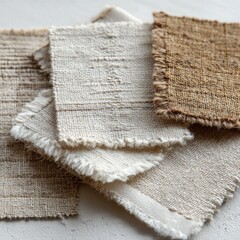 Soft fabric swatches in neutral beige tones with visible organic cotton stitching on linen