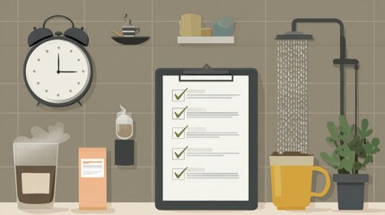 Morning Routine Checklist With Coffee Cup, Clock, and Shower in a Modern Bathroom Setting