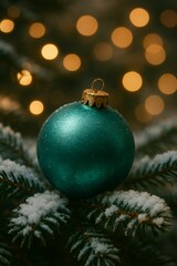 Fototapeta premium Teal Christmas bauble on snowy fir branch with warm bokeh lights — cozy winter holiday background for cards and ads.