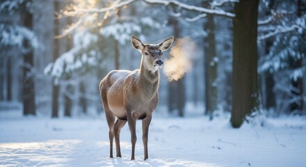 Fototapeta premium Wild deer standing in snow-covered winter forest, exhaling visible breath on a cold morning with sunlight