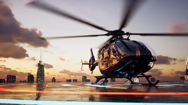 Black Helicopter on Rooftop Helipad at Sunset with a Vibrant Skyline and Warm Lighting