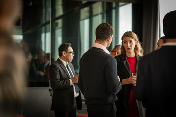Business professionals enjoying a sophisticated rooftop hotel gathering, with city views and a relaxed atmosphere. Diverse Businesswoman and man having conversation.
