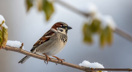 Male House Sparrow Perched on Snowy Branch in Winter