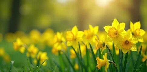 Obraz premium Bright yellow daffodils clustered in a spring meadow, bouquet, growth