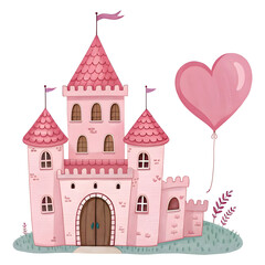 a pink castle with a pink roof and a pink heart s