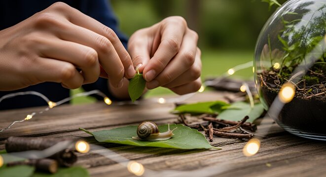 Close-up of hands holding a small green leaf, with a snail on another leaf, and decorative fairy lights on a rustic wooden table, alongside a glass terrarium.