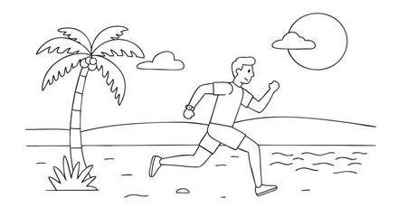 A man running on the beach next to a palm tree with the ocean and sun in the background