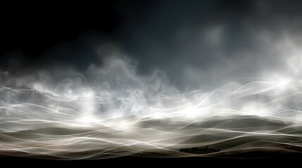 Misty, ethereal landscape, smoke-like formations over rolling hills