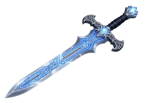 Fantasy Silver Sword with Intricate Blue Etchings and Decorative Hilt for Gaming or Cosplay