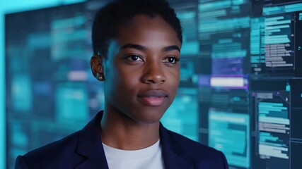 Young Black professional with short hair speaking confidently in front of glowing digital interface screens, cybersecurity and technology innovation concept, modern business portrait in motion - Powered by Adobe