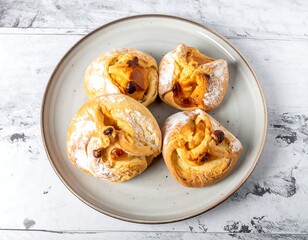Delicious Golden Puff Pastries with Fruit Filling on White Plate.